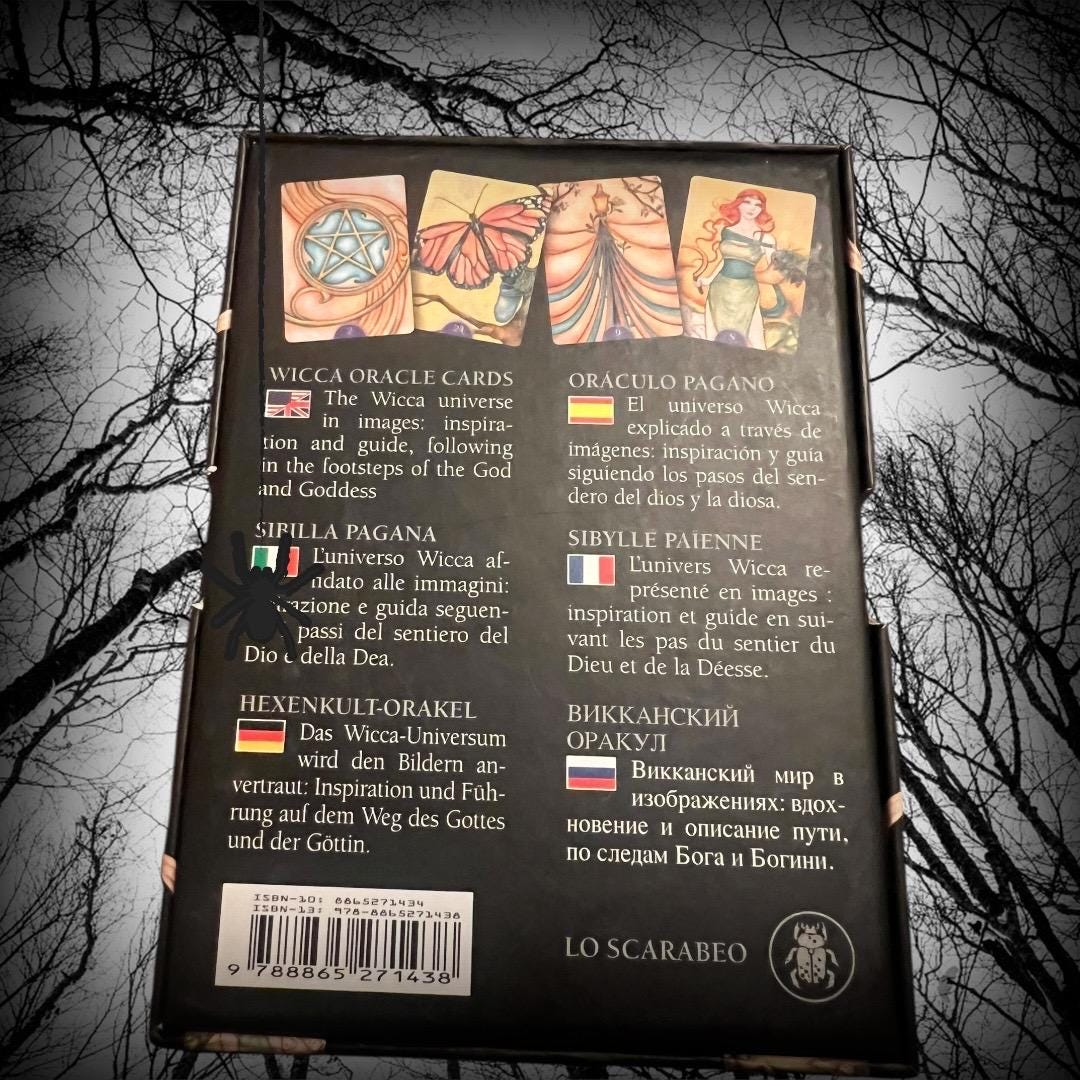 These images show the Wicca Oracle Cards (New Edition) by Nada Mesar and Lunaea Wheaterstone, with artwork by Chatriya Hemharnvibul — publis