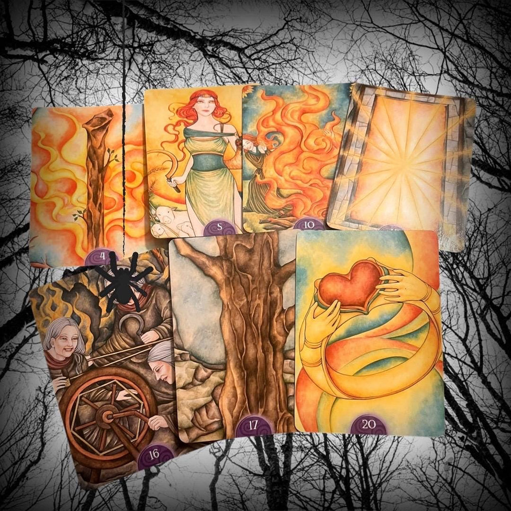 These images show the Wicca Oracle Cards (New Edition) by Nada Mesar and Lunaea Wheaterstone, with artwork by Chatriya Hemharnvibul — publis