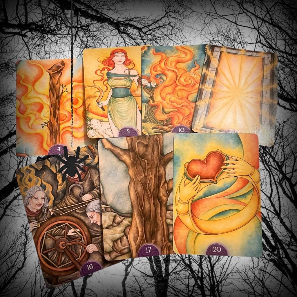 These images show the Wicca Oracle Cards (New Edition) by Nada Mesar and Lunaea Wheaterstone, with artwork by Chatriya Hemharnvibul — publis