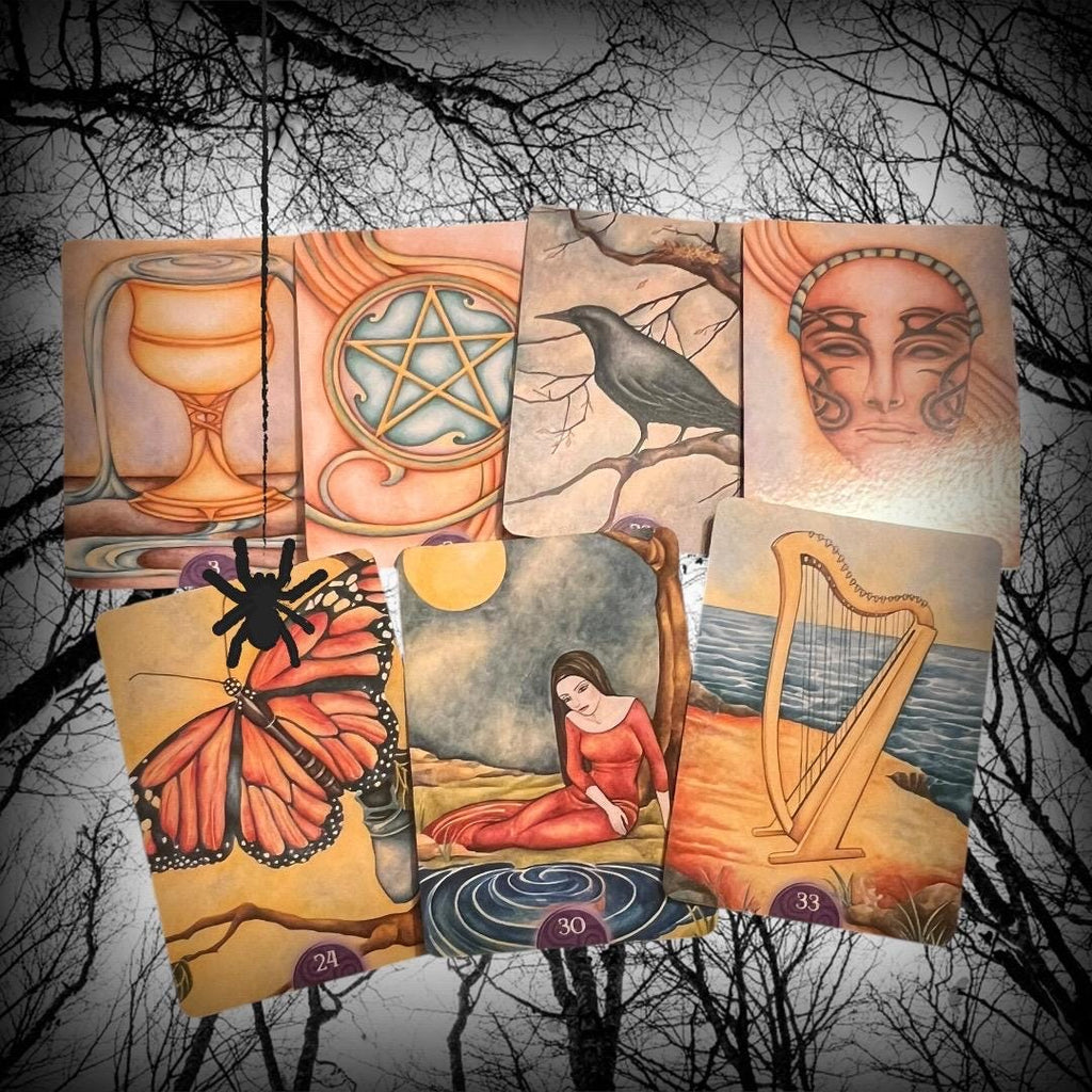 These images show the Wicca Oracle Cards (New Edition) by Nada Mesar and Lunaea Wheaterstone, with artwork by Chatriya Hemharnvibul — publis