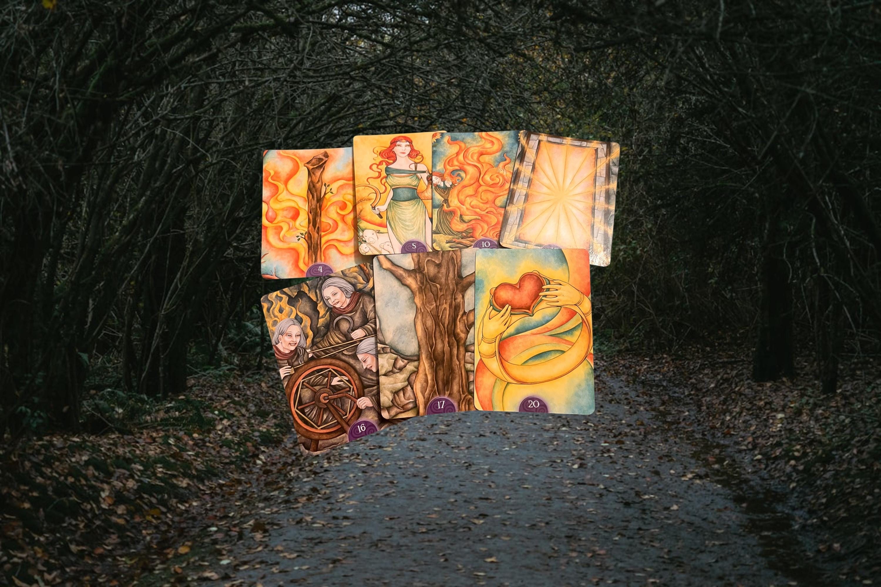 These images show the Wicca Oracle Cards (New Edition) by Nada Mesar and Lunaea Wheaterstone, with artwork by Chatriya Hemharnvibul — publis