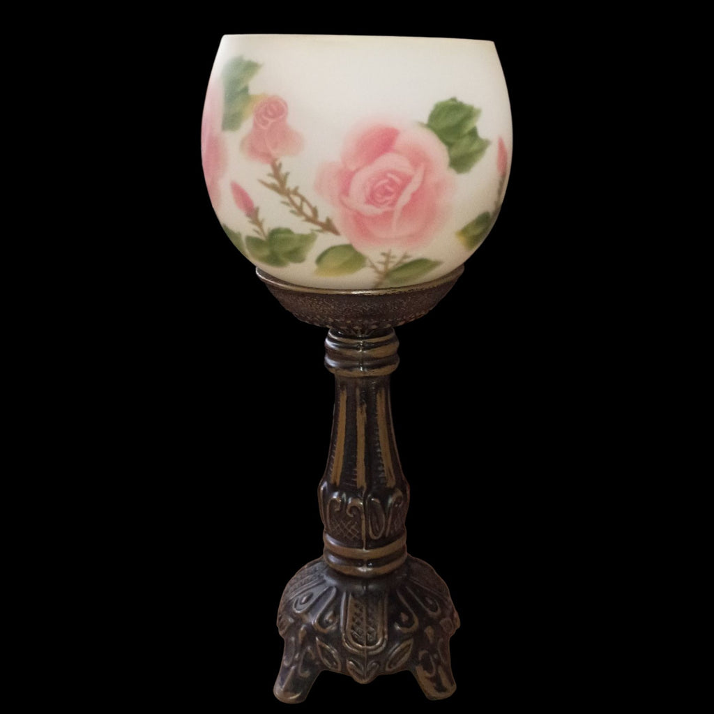 Vintage Hand Painted Rose Glass Globe on Ornate Metal Pedestal Stand – 9.5”...