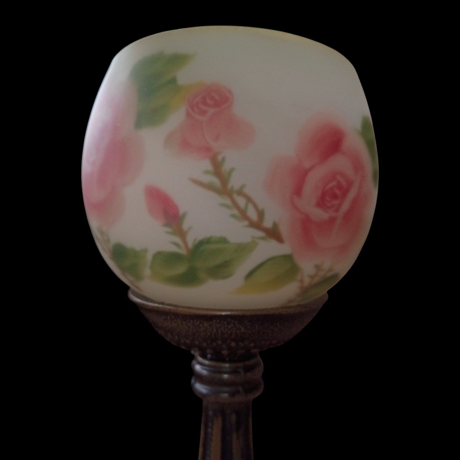 Vintage Hand Painted Rose Glass Globe on Ornate Metal Pedestal Stand – 9.5”...