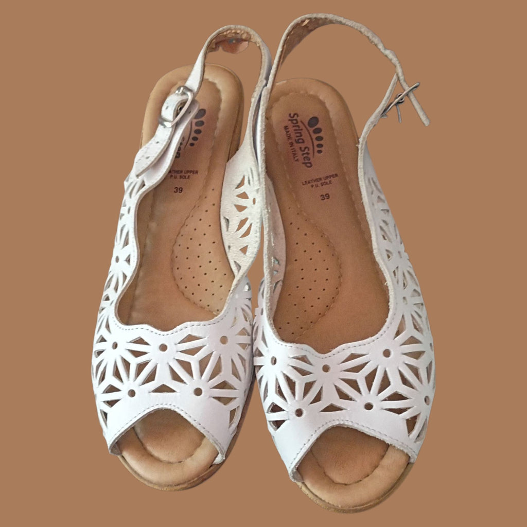 Spring Step White Leather Slingback Wedge Sandals Women’s Size 39 (US 9) Made in