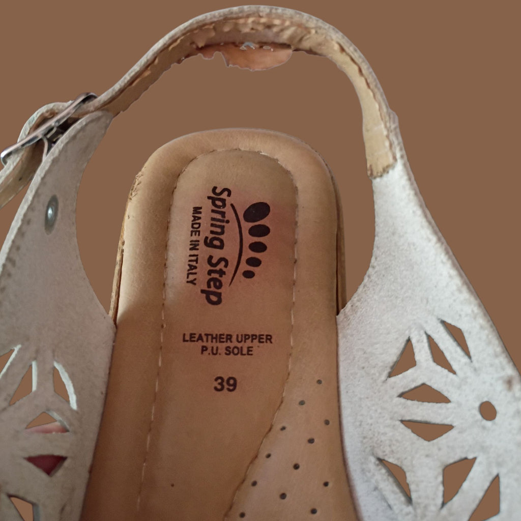 Spring Step White Leather Slingback Wedge Sandals Women’s Size 39 (US 9) Made in
