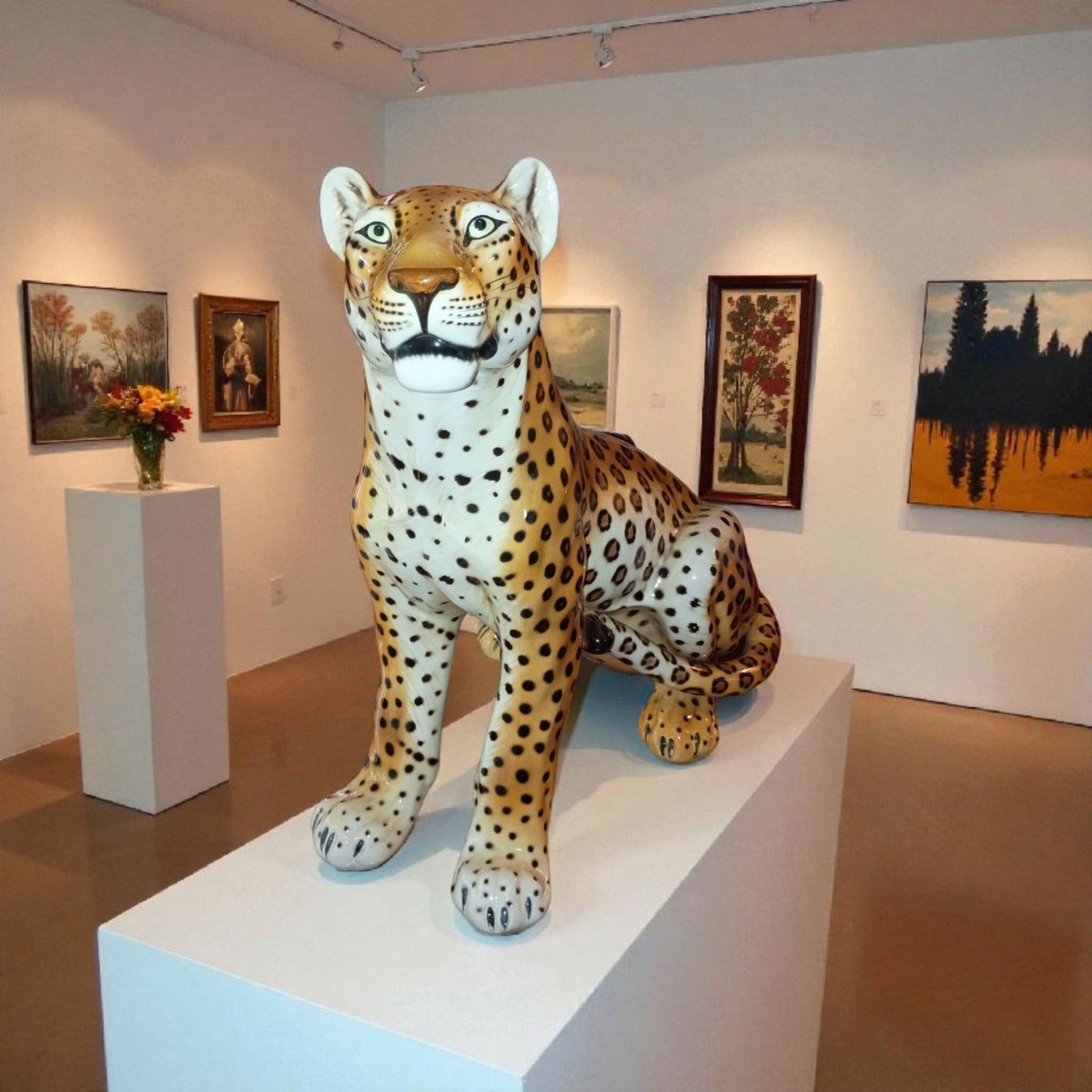 Porcelain Leopard Figurine Large 23" Hand-Painted Big Cat Statue Safari...